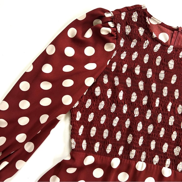 Zara Burgundy Rust Brown & White Polka Dot Smocked Blouson Sleeve Maxi Dress - Picture 4 of 8